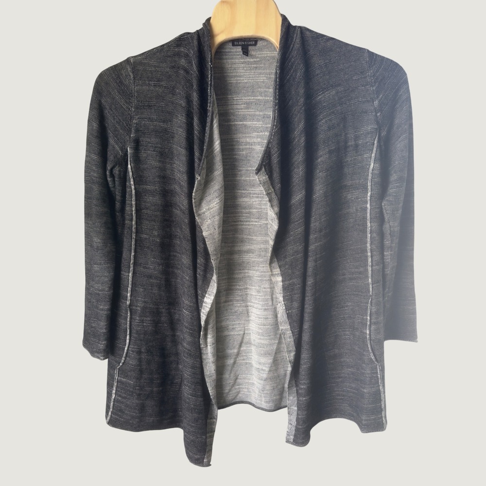 1494 | Eileen Fisher Organic Cotton Space Dye Drape Front Cardigan Gray Womens M